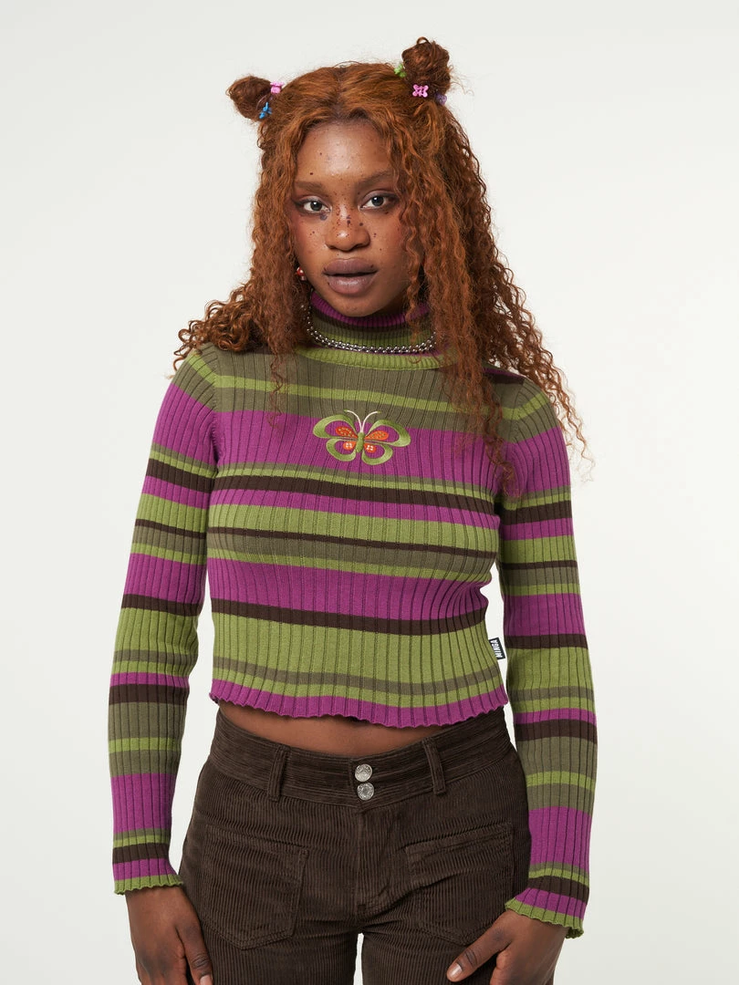 Minga London Clothing Butterfly Orchid Striped High Neck Ribbed Top