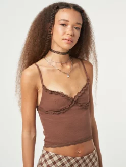Minga London Chocolate Brown Lace Trim Cami Top Clothing