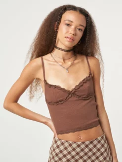 Minga London Chocolate Brown Lace Trim Cami Top Clothing