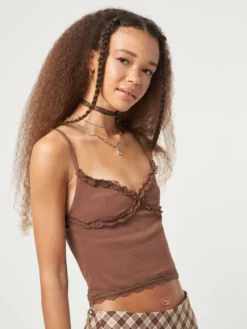 Minga London Chocolate Brown Lace Trim Cami Top Clothing