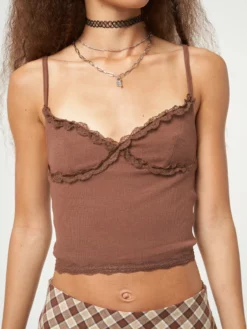 Minga London Chocolate Brown Lace Trim Cami Top Clothing