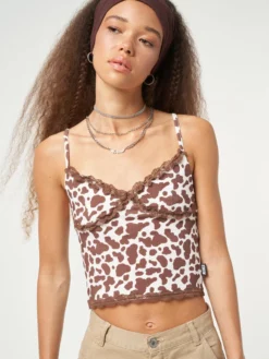 Minga London Clothing Cow Print Lace Trim Cami Top