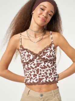 Minga London Clothing Cow Print Lace Trim Cami Top