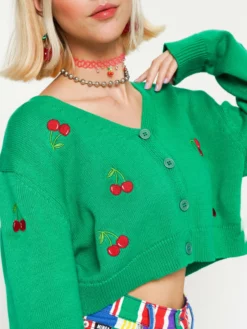 Minga London Clothing Cherry Girl Green Crop Cardigan