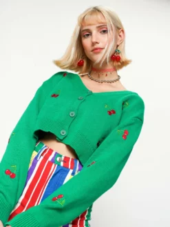 Minga London Clothing Cherry Girl Green Crop Cardigan