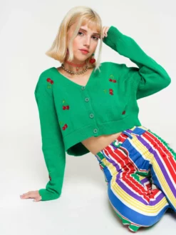 Minga London Clothing Cherry Girl Green Crop Cardigan