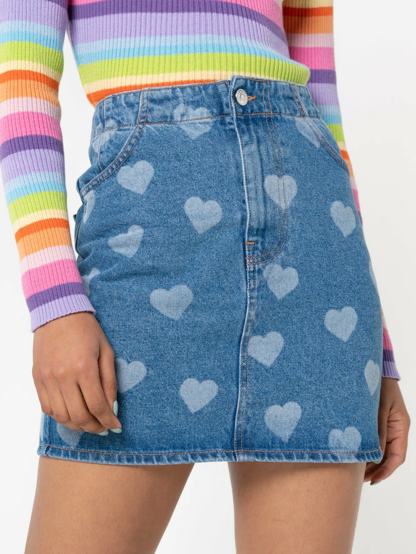Minga London Clothing Heart Print Denim Mini Skirt