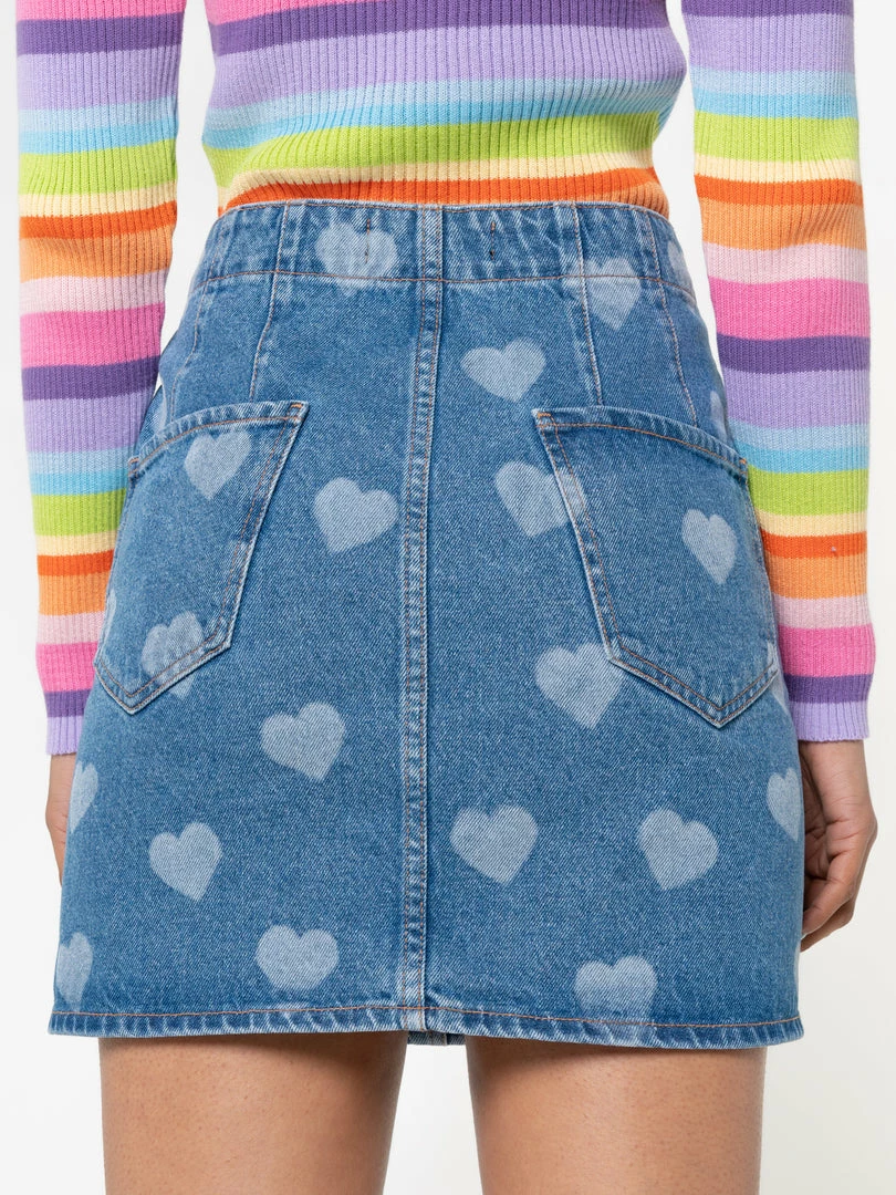 Minga London Clothing Heart Print Denim Mini Skirt