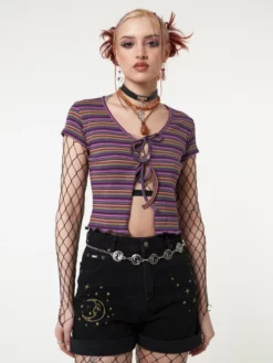 Minga London Most Wanted Lily Striped Tie Front Crop Top