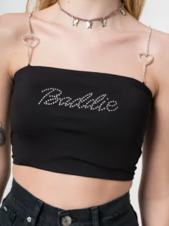 Minga London Clothing Baddie Rhinestone Heart Strap Crop Top