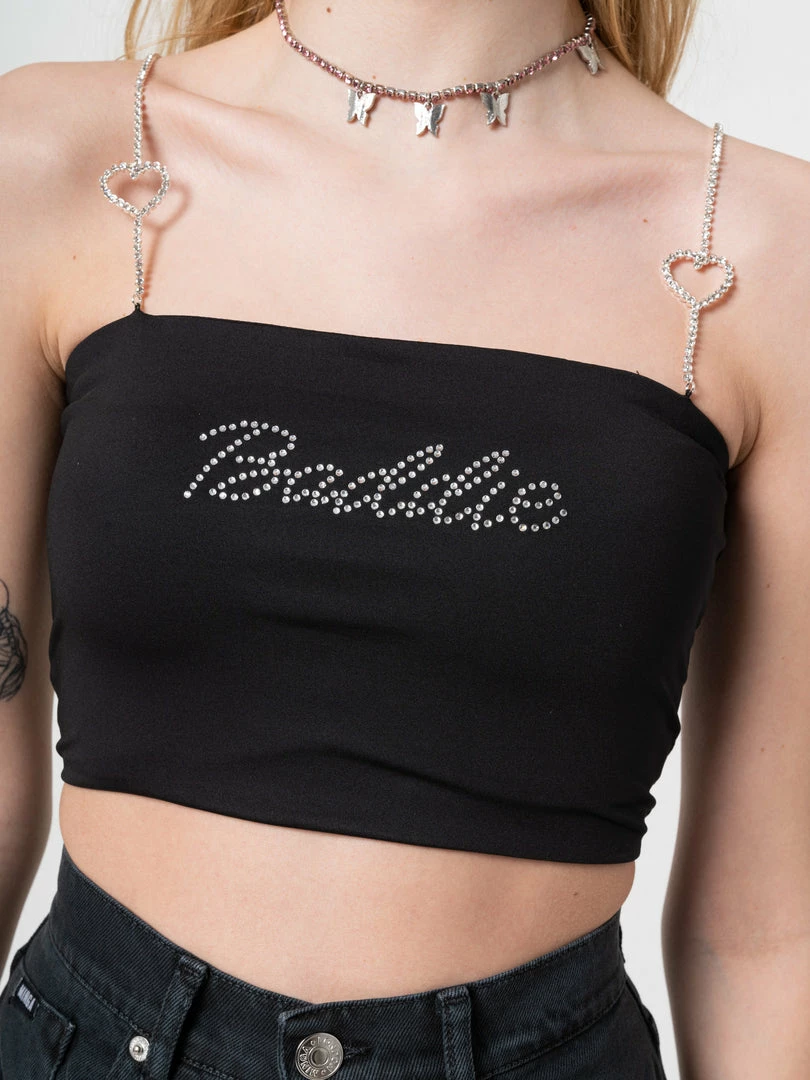 Minga London Clothing Baddie Rhinestone Heart Strap Crop Top