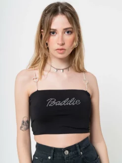Minga London Clothing Baddie Rhinestone Heart Strap Crop Top