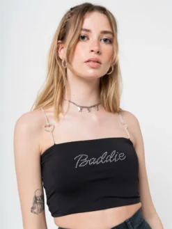 Minga London Clothing Baddie Rhinestone Heart Strap Crop Top