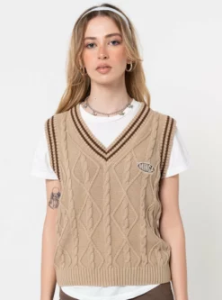 Minga London Clothing Beige Cable Knitted Sweater Vest