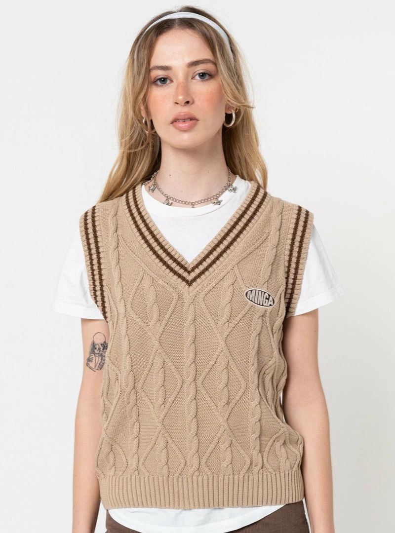 Minga London Clothing Beige Cable Knitted Sweater Vest