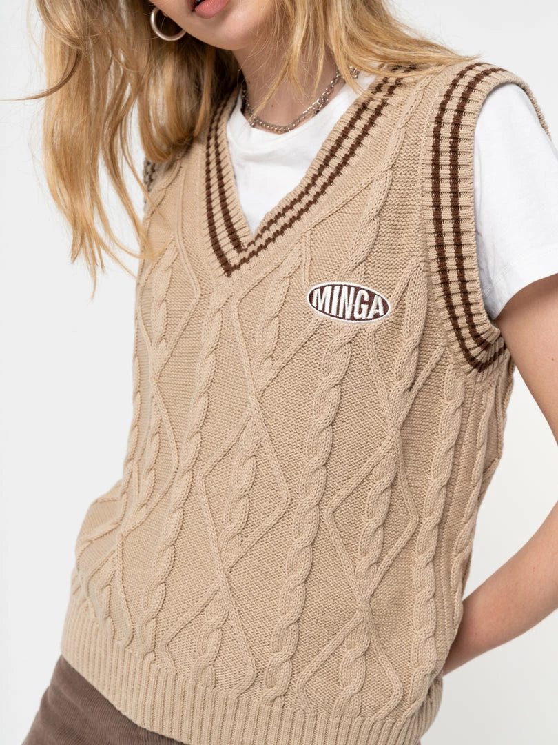 Minga London Clothing Beige Cable Knitted Sweater Vest