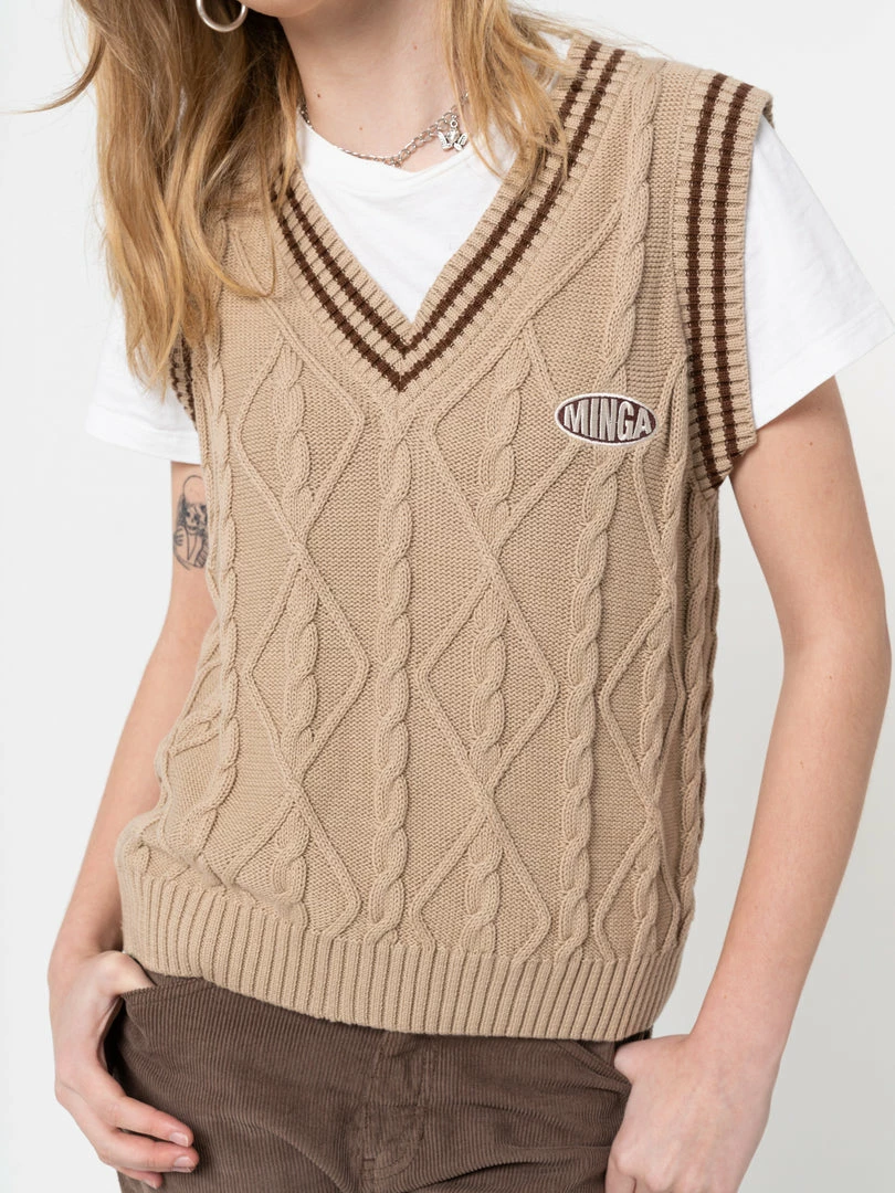Minga London Clothing Beige Cable Knitted Sweater Vest
