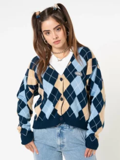 Minga London Blue Beige Argyle Knitted Cardigan