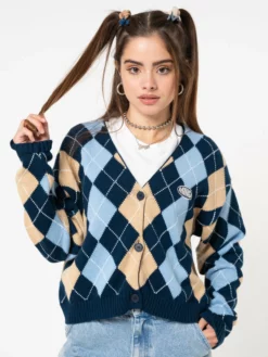 Minga London Blue Beige Argyle Knitted Cardigan