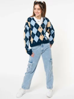 Minga London Blue Beige Argyle Knitted Cardigan