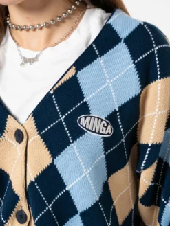 Minga London Blue Beige Argyle Knitted Cardigan