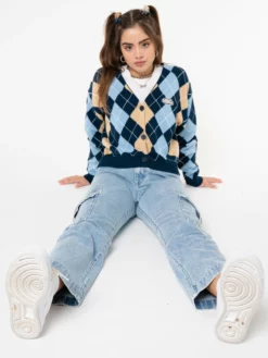 Minga London Blue Beige Argyle Knitted Cardigan