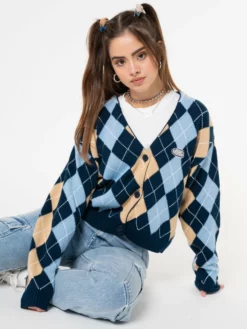 Minga London Blue Beige Argyle Knitted Cardigan