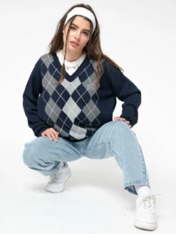 Minga London Blue Grey Argyle Knitted Jumper