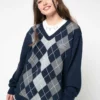 Minga London Blue Grey Argyle Knitted Jumper