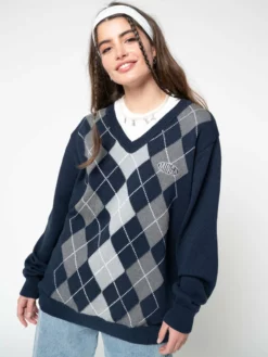 Minga London Blue Grey Argyle Knitted Jumper