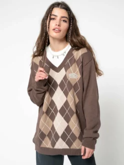 Minga London Brown Beige Argyle Knitted Jumper