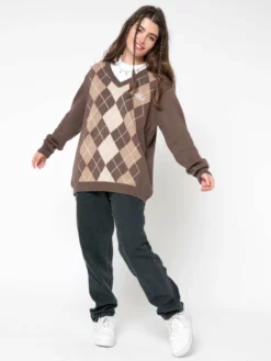 Minga London Brown Beige Argyle Knitted Jumper