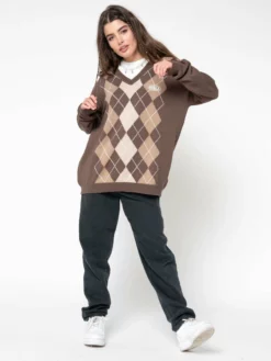 Minga London Brown Beige Argyle Knitted Jumper