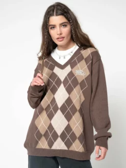 Minga London Brown Beige Argyle Knitted Jumper