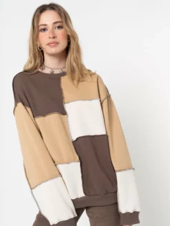 Minga London Clothing Brown Beige Patchwork Contrast Sweater