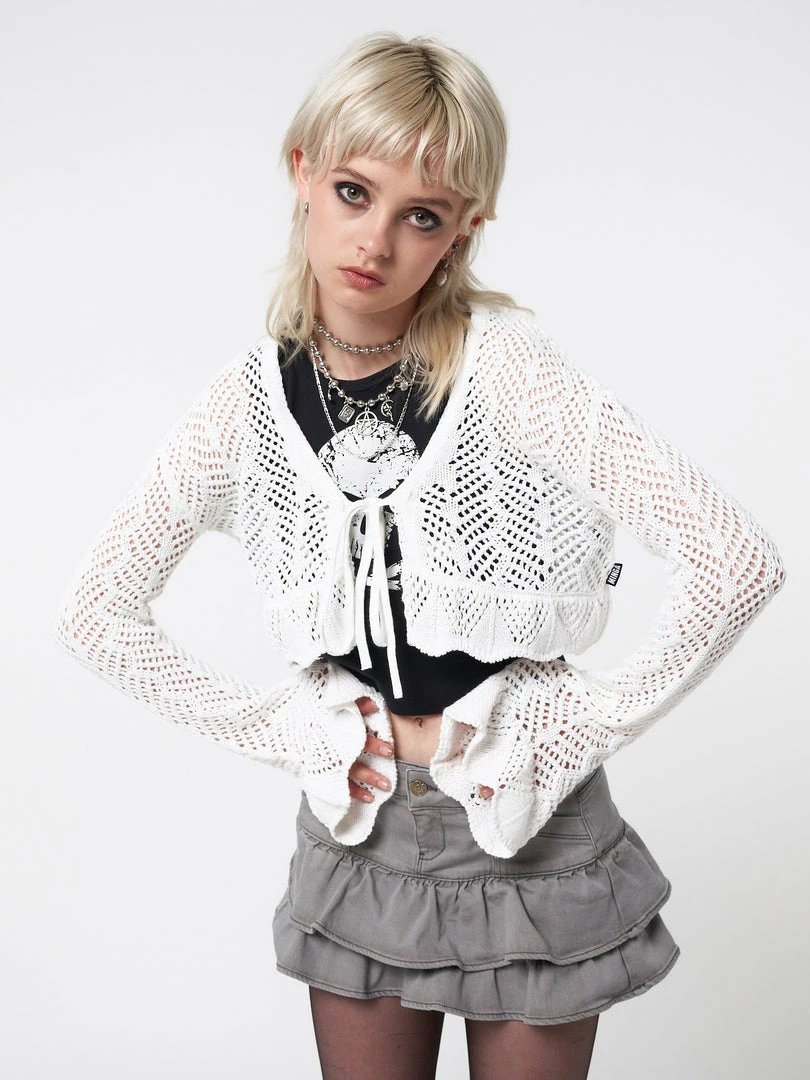 Minga London Elsie Tie Front Frill Crochet Crop Cardigan Most Wanted