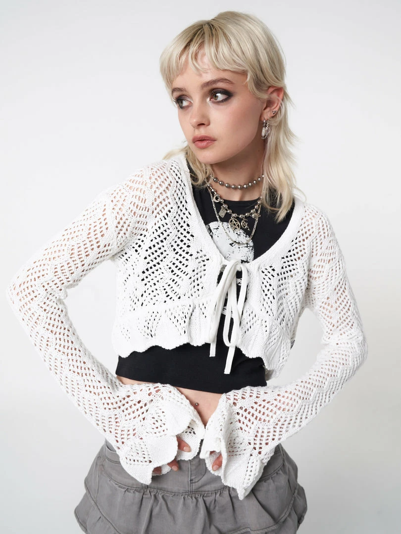 Minga London Elsie Tie Front Frill Crochet Crop Cardigan Most Wanted