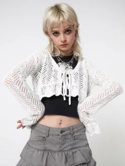 Minga London Elsie Tie Front Frill Crochet Crop Cardigan Most Wanted