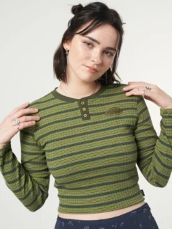 Minga London Emerald Striped Rib Half Button Top Clothing