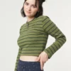 Minga London Emerald Striped Rib Half Button Top Clothing