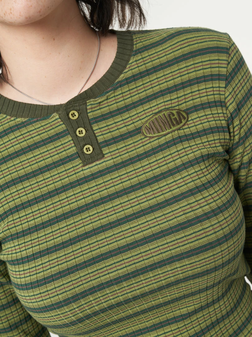 Minga London Emerald Striped Rib Half Button Top Clothing