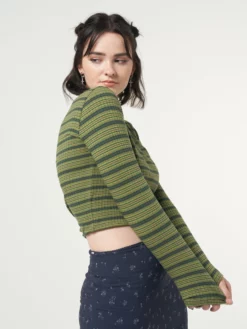Minga London Emerald Striped Rib Half Button Top Clothing