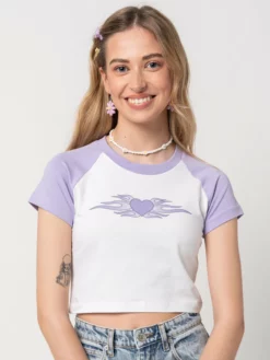 Minga London Tops & Tees Flaming Heart Raglan Crop Tee