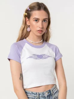 Minga London Tops & Tees Flaming Heart Raglan Crop Tee
