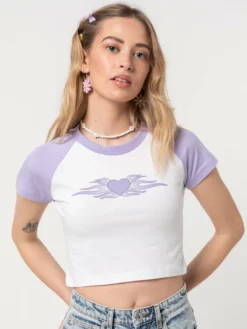 Minga London Tops & Tees Flaming Heart Raglan Crop Tee