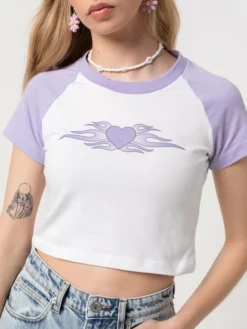 Minga London Tops & Tees Flaming Heart Raglan Crop Tee