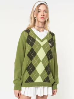 Minga London Green Shades Argyle Knitted Jumper Clothing