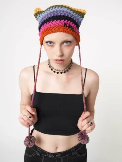 Minga London Joy Rainbow Stripes Knit Tie Hat