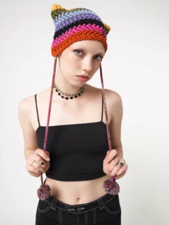 Minga London Joy Rainbow Stripes Knit Tie Hat