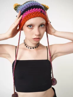 Minga London Joy Rainbow Stripes Knit Tie Hat